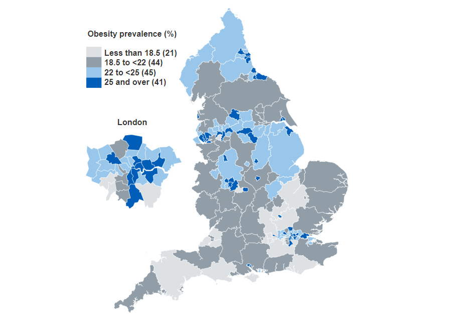Map showing the prevalence of children living with obesity by upper tier local authority for children in year 6
