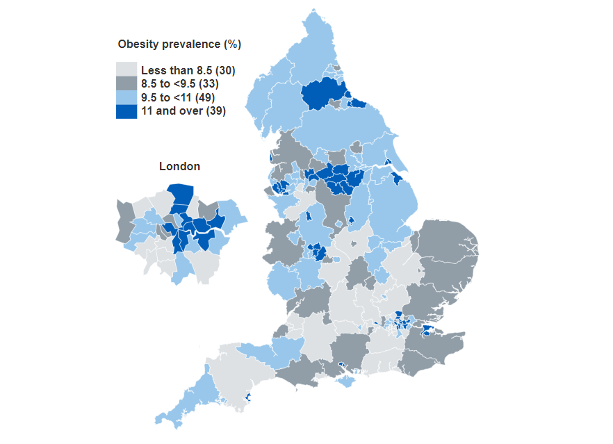 Map showing the prevalence of children living with obesity by upper tier local authority for children in reception