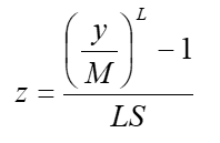 Z equals open parenthesis y divided by M closed parenthesis to the power of L. Then minus 1. Divide this number by L multiplied by S.