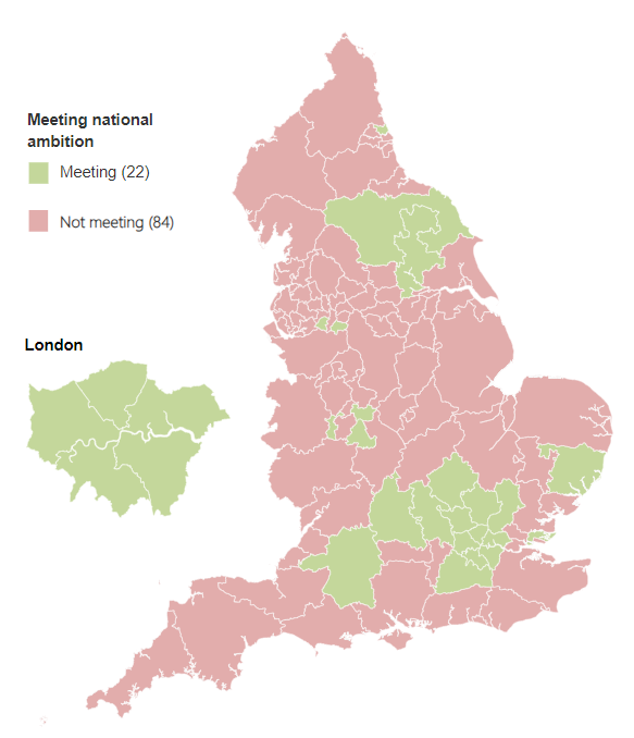 Map showing whether Sub-ICBs have met the national ambition of 6% in quarter 3 2023/24
