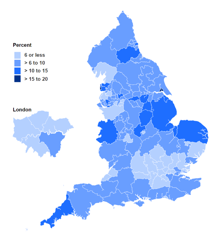 Map showing percentage of women smoking at time of delivery in Q4 2023-24 by Sub-ICB