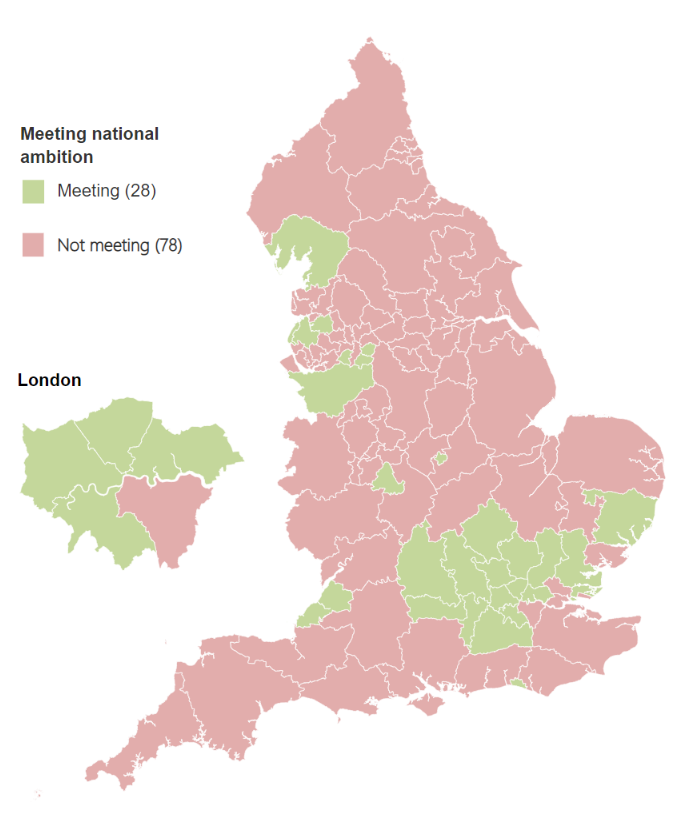 Map showing whether Sub-ICBs have met the national ambition of 6% in quarter 3 2023/24