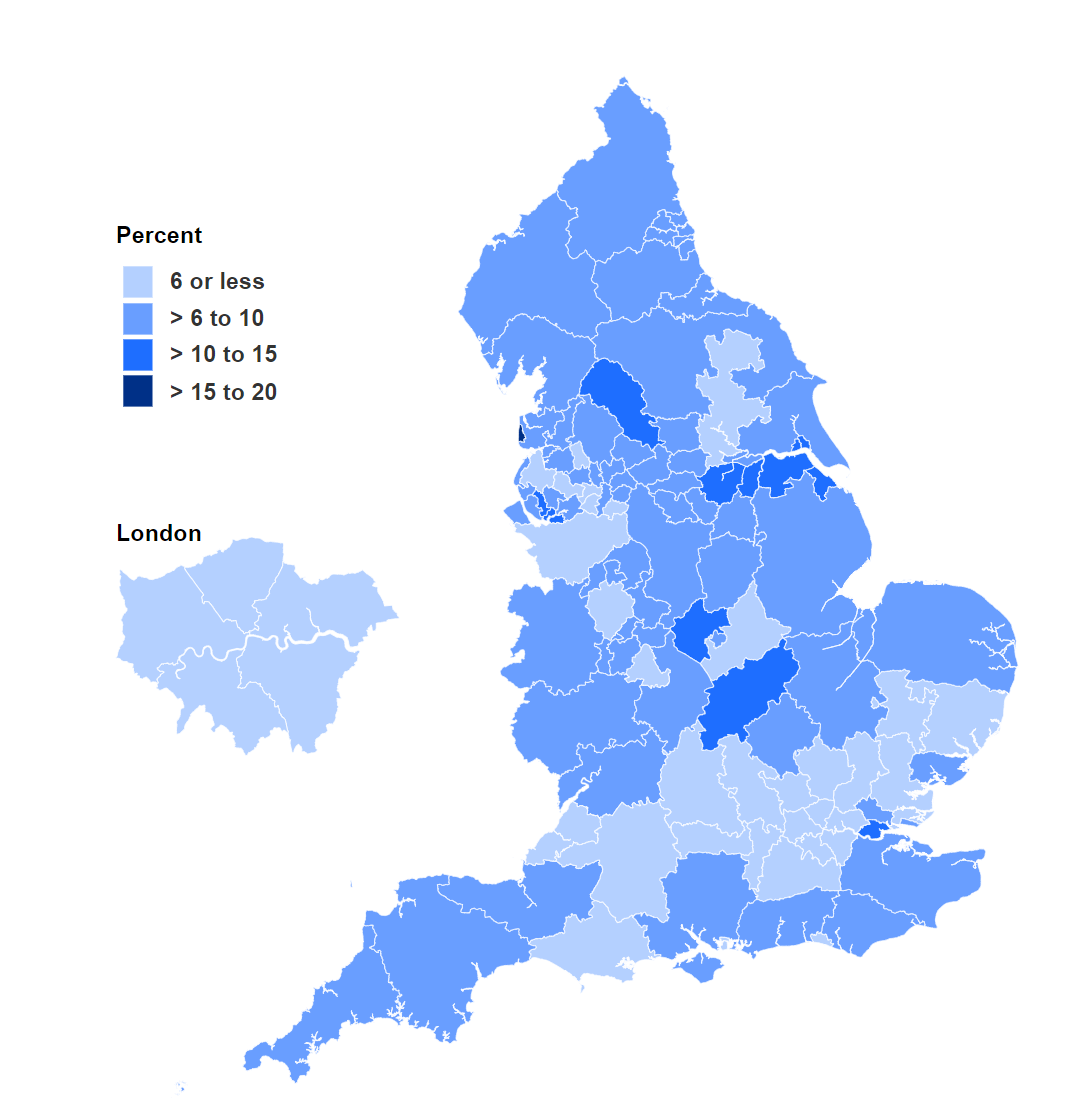 Map showing percentage of women smoking at time of delivery in Q1 2024-25 by Sub-ICB