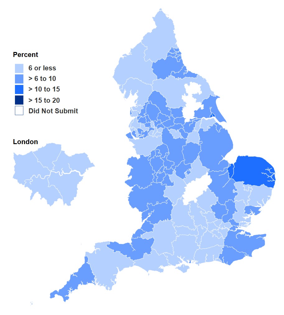 Map showing percentage of women smoking at time of delivery in Q3 2024-25 by Sub-ICB