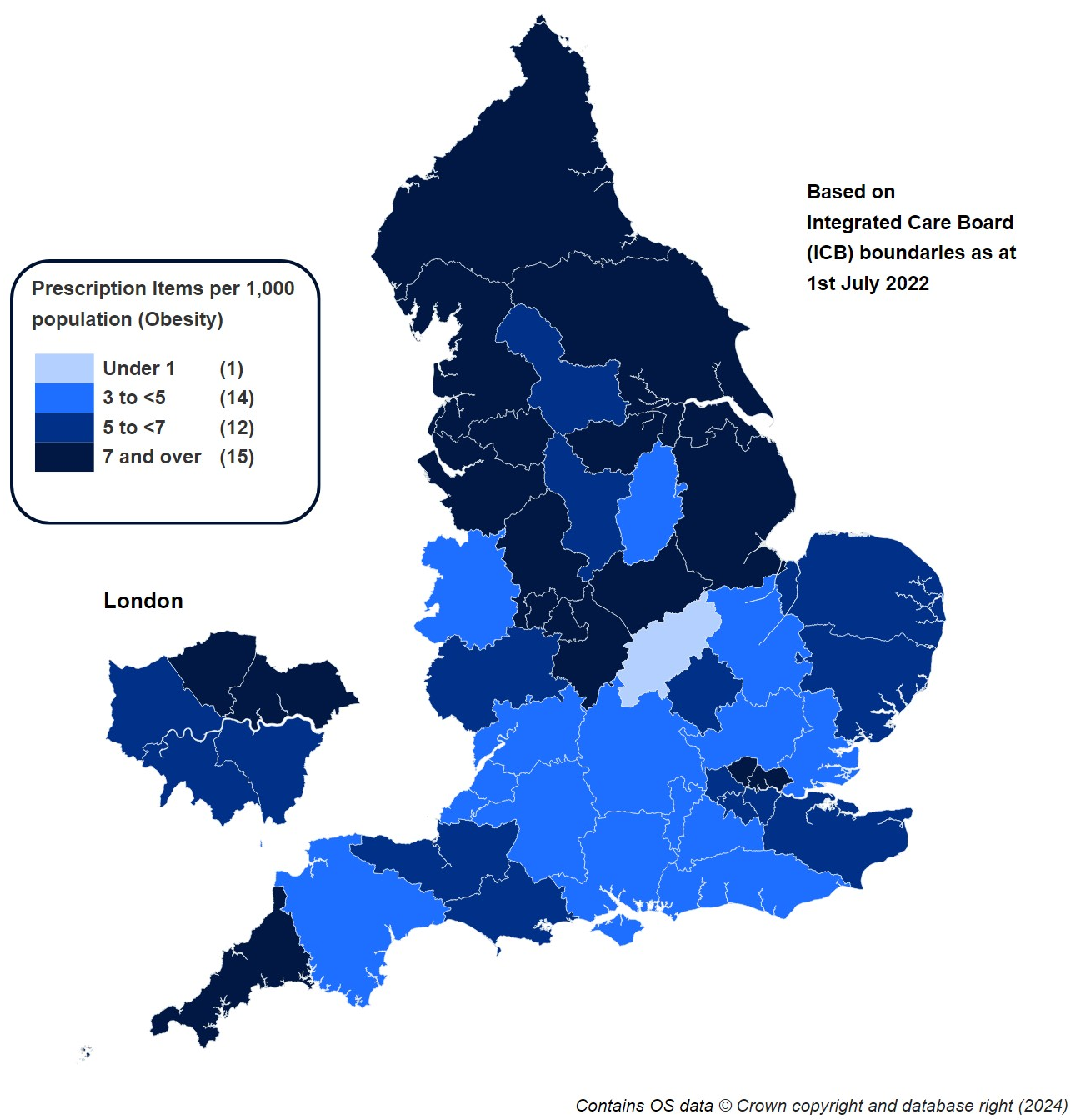 Prescription items for the treatment of obesity per 1,000 population, by Integrated Care Board (ICB).