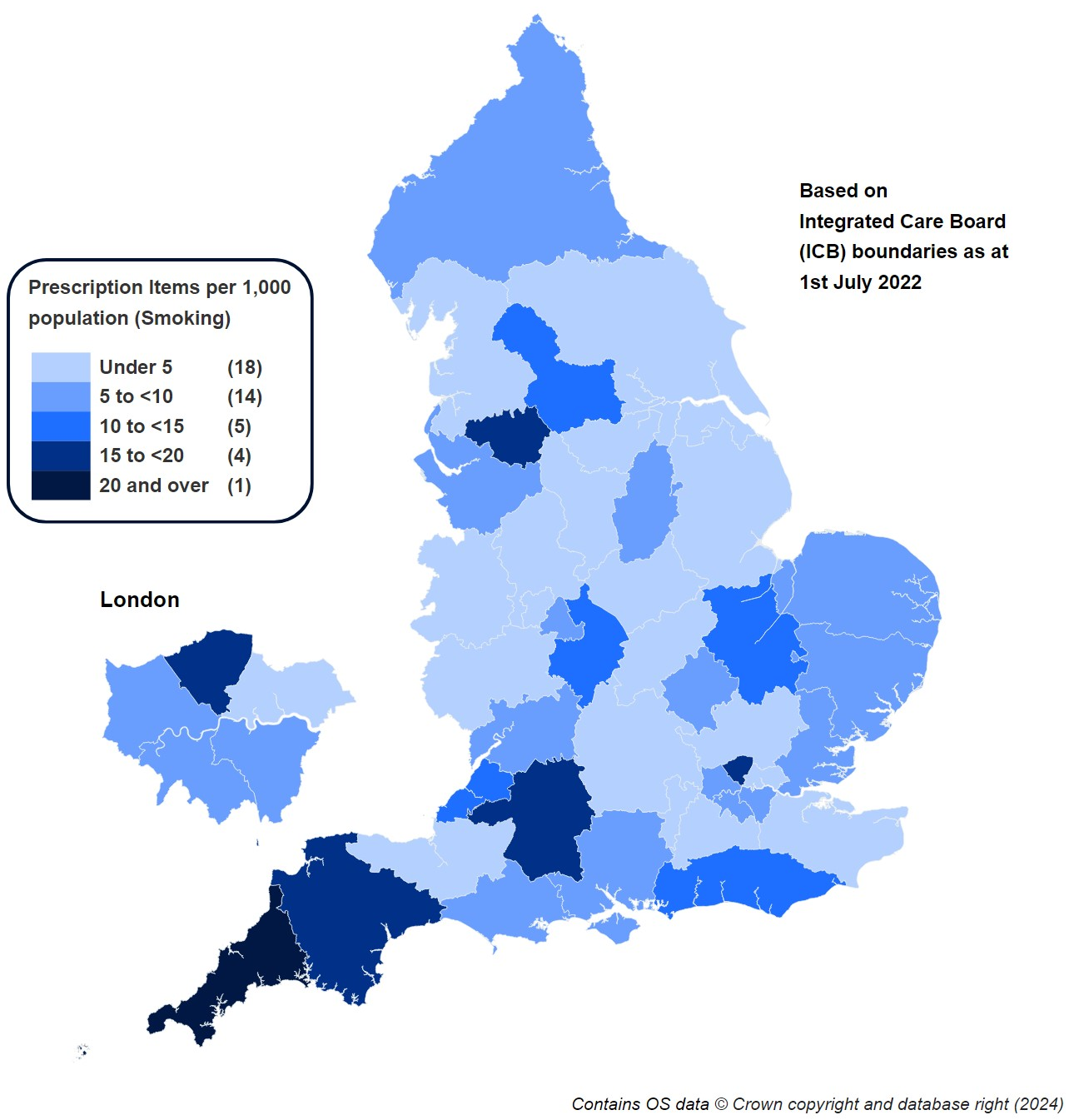 Number of Prescription items dispensed to help people stop smoking by Integrated Care Board, per 1,000 population.