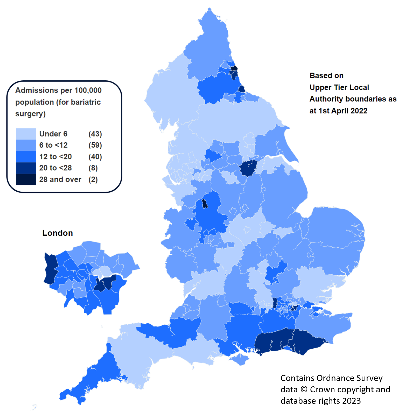 Obesity-related bariatric surgical procedure admissions rate per 100,000 population by Local Authority
