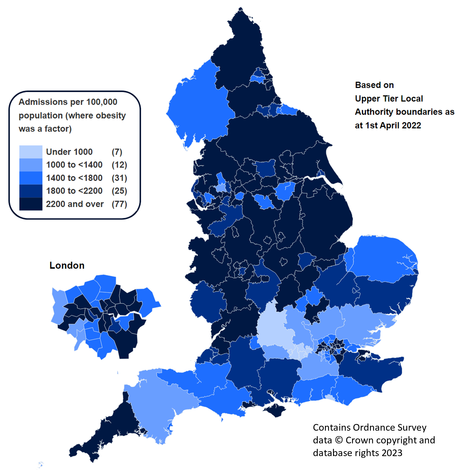 Admissions rate per 100,000 population by Local Authority where obesity was a factor