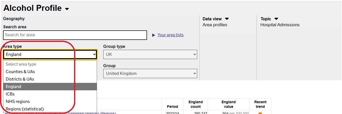 The image shows how to filter for different Area types.
