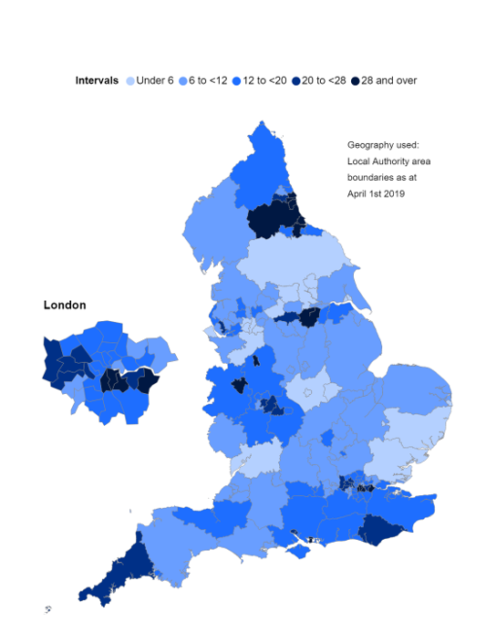 Obesity-related bariatric surgery admissions rate per 100,000 population by Local Authority