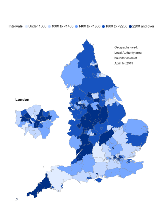 Admissions rate per 100,000 population by Local Authority where obesity was a factor