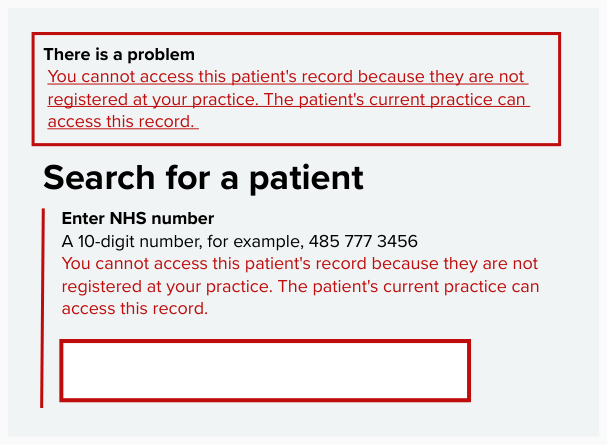 There is a problem you can not access this patient's record because they are not registered at this practice
