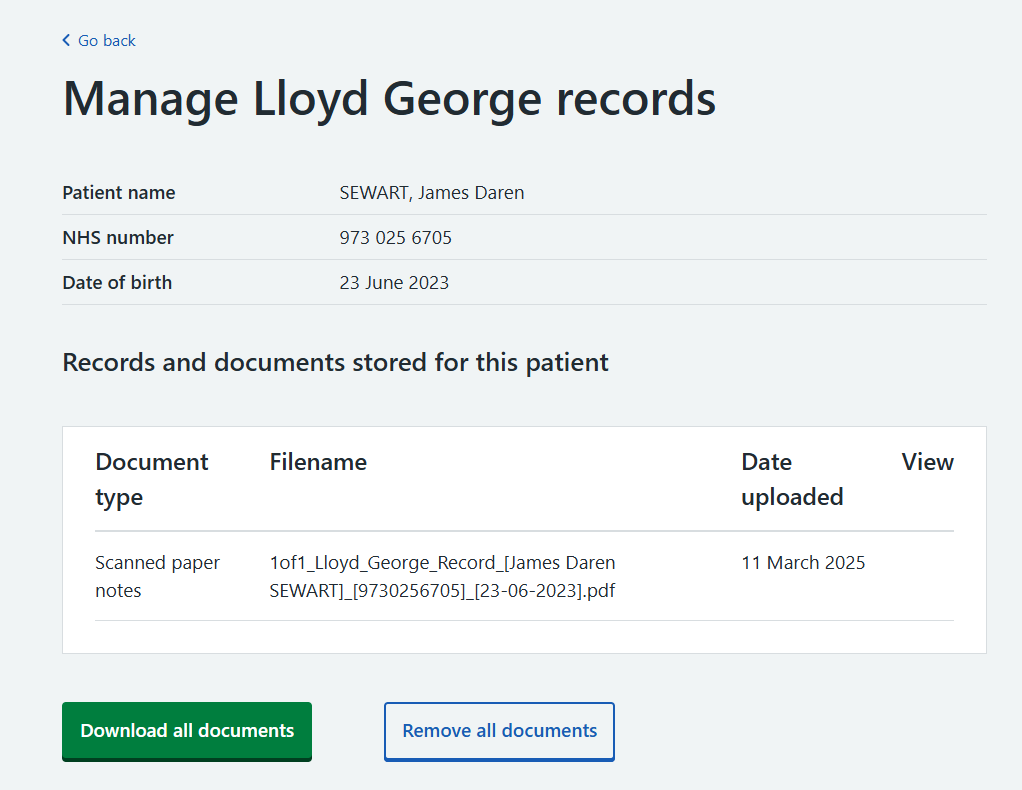 Screenshot of Manage Lloyd George Records page