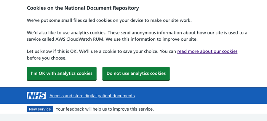Screenshot showing new cookies banner displayed in the service pages.