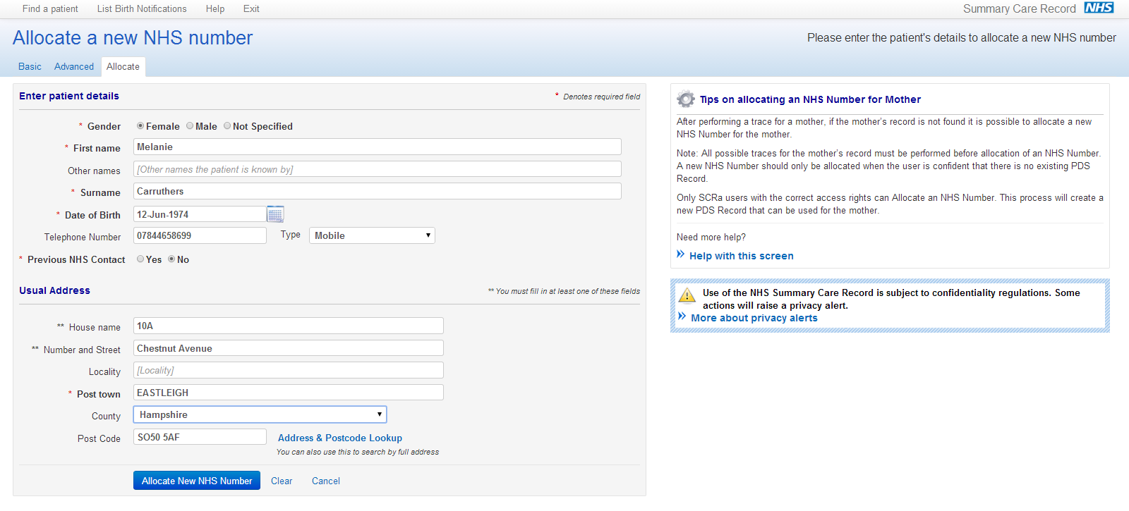 Allocate screen - all details entered