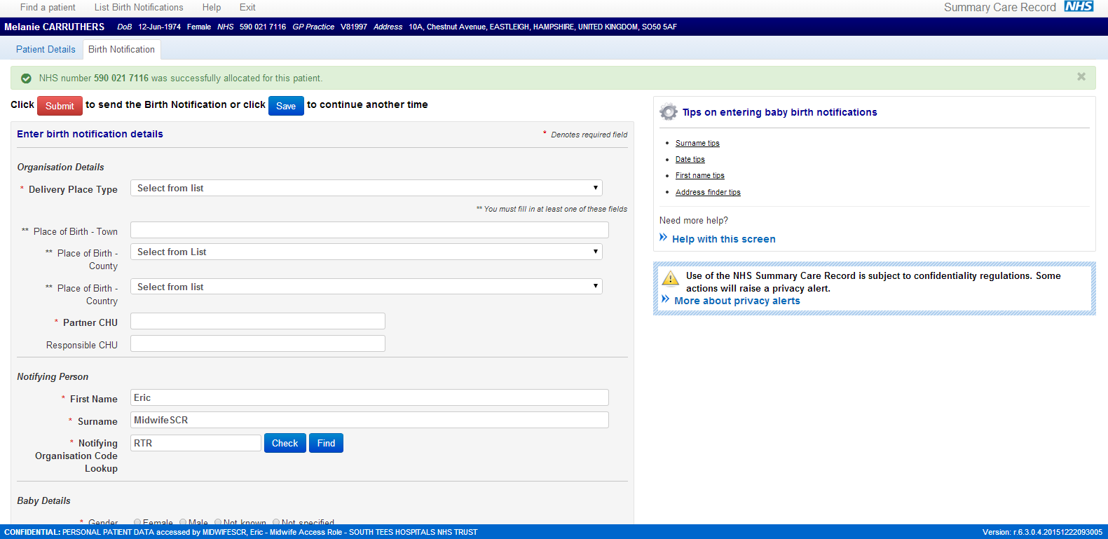 Allocate screen - NHS Number allocated