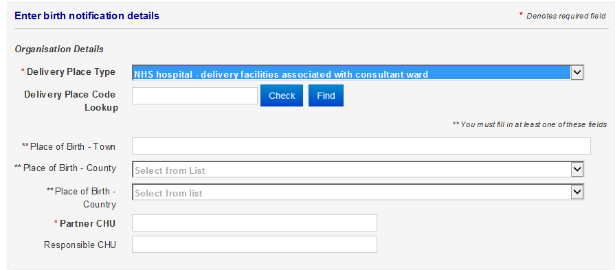 Fields for births in an NHS organisation