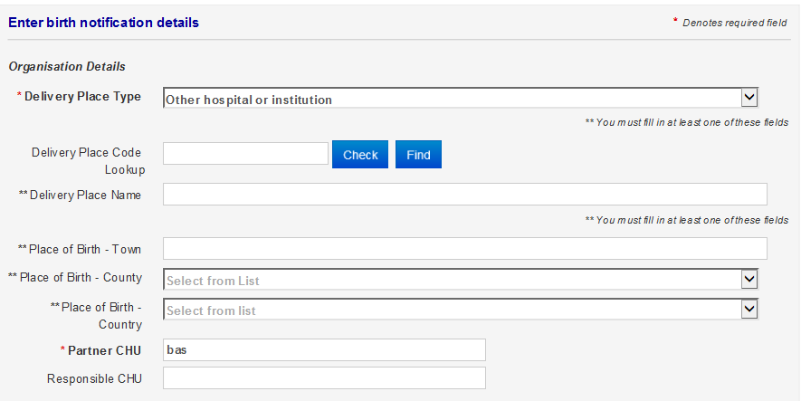 Fields for births in a private or other hospital