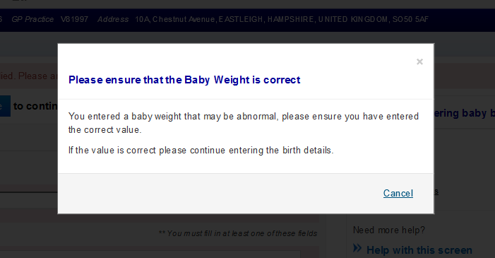 Birth weight warning pop-up