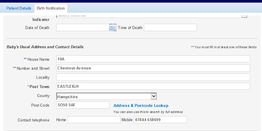 Baby's usual address and contact details