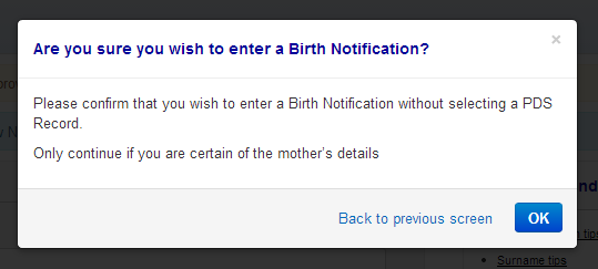 Proceed without NHS Number - warning box