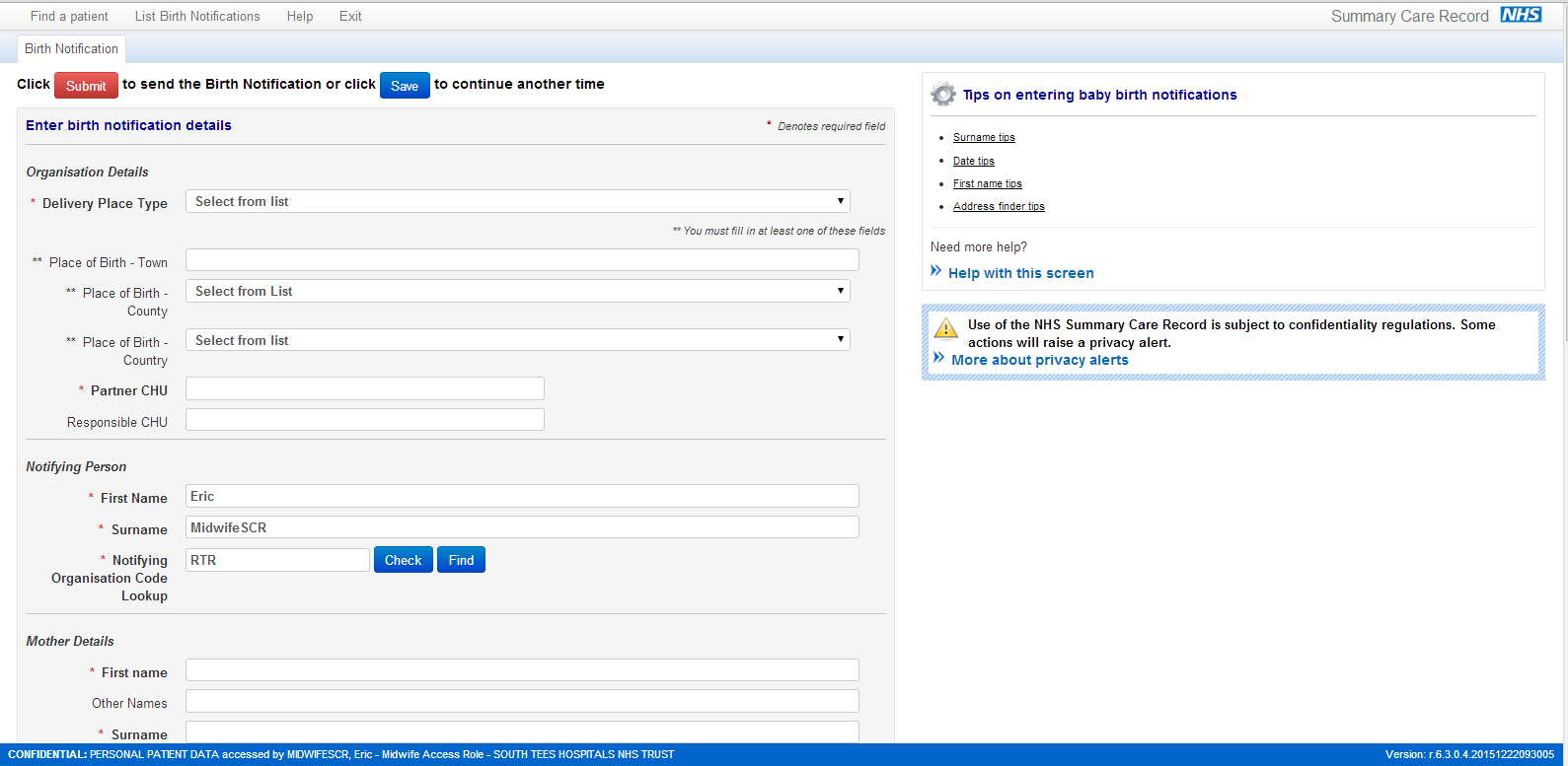 Proceed with NHS Number - Birth Notification screen