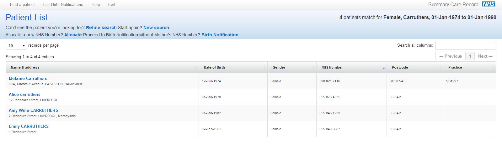 Patient list - multiple records found