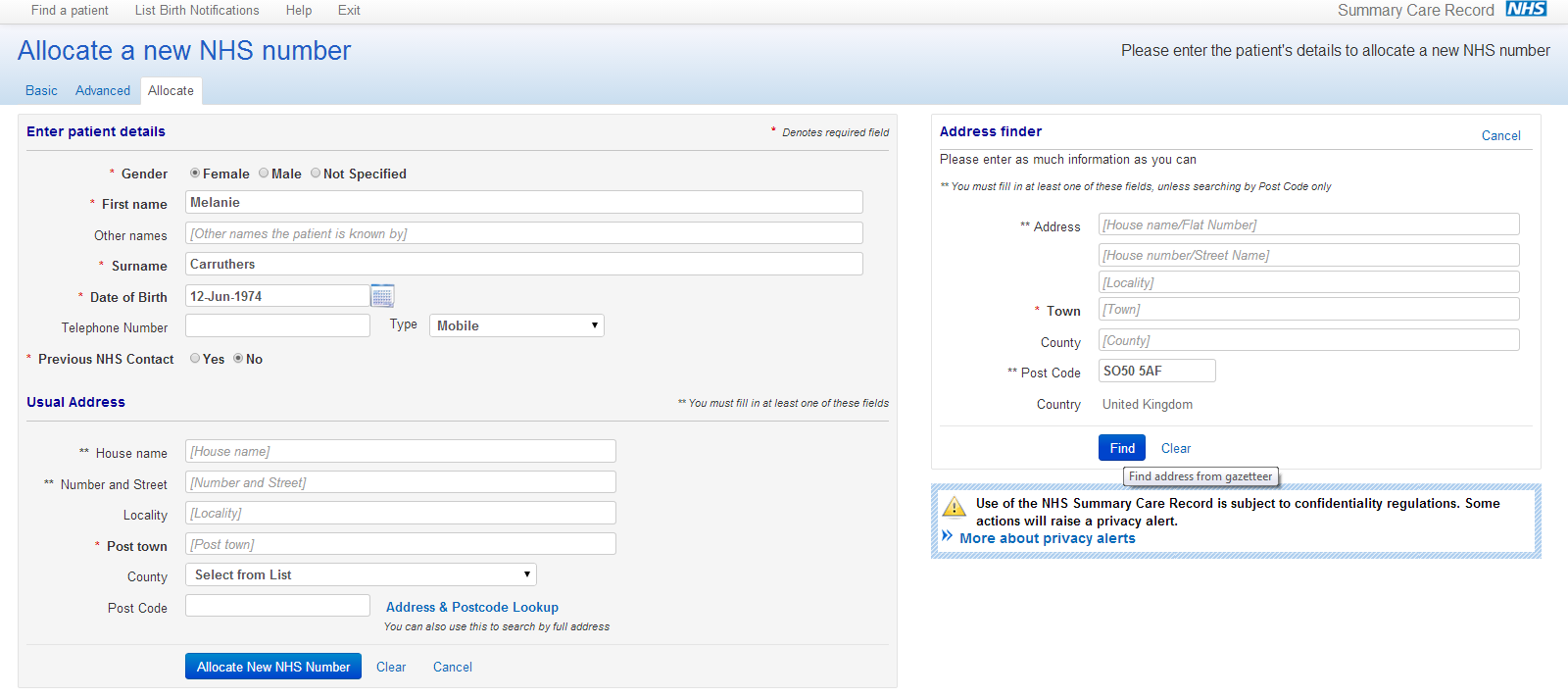 Allocate screen - Address Lookup entry screen, postcode entered