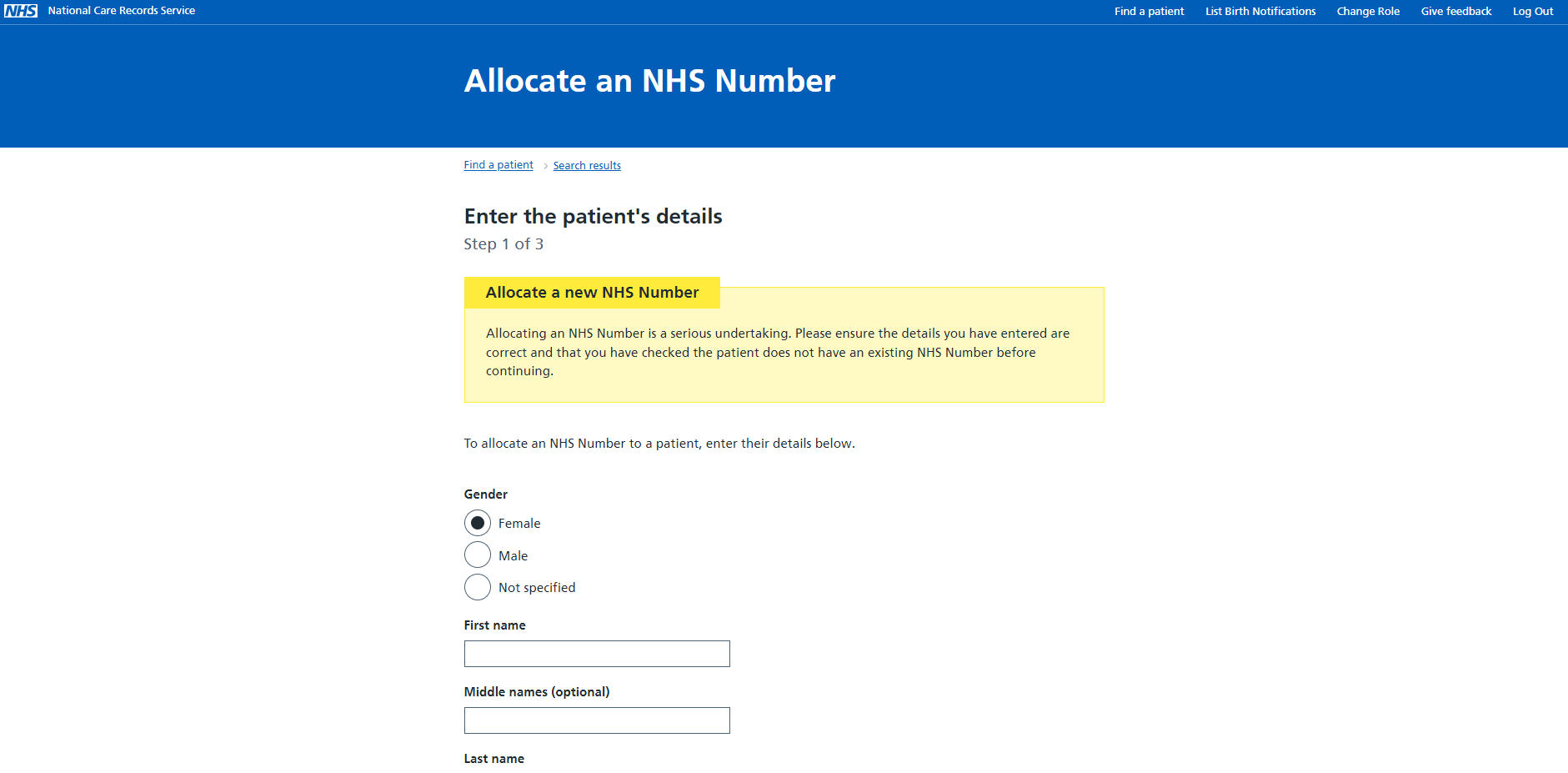 Allocate a new NHS Number