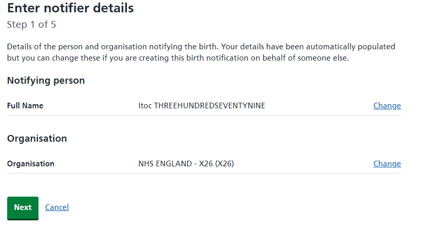 Birth Notification screen