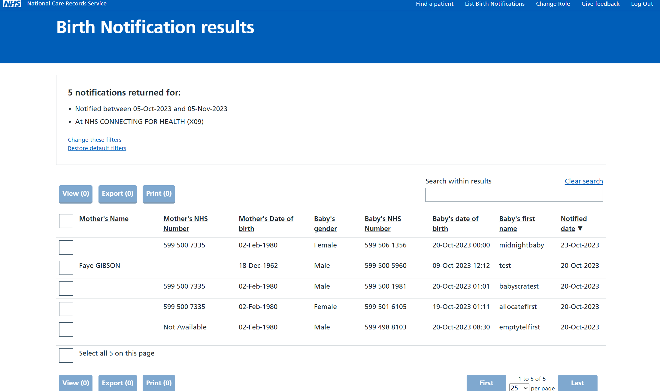 List Birth Notifications screen