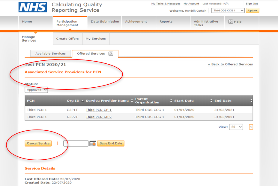 Screenshot of CQRS 'Associated Service Providers'