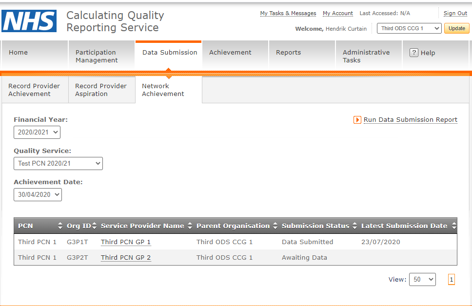 Screenshot of CQRS 'Data submission' tab