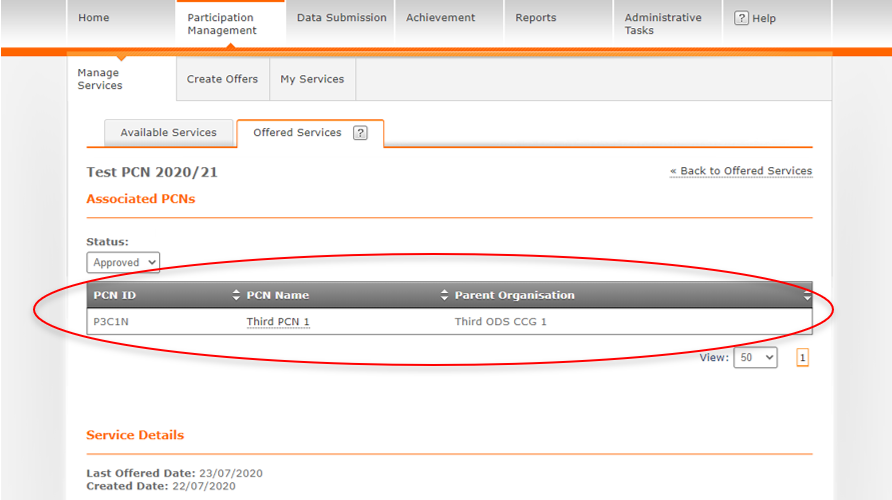 Screenshot of CQRS 'Offered Services' tab