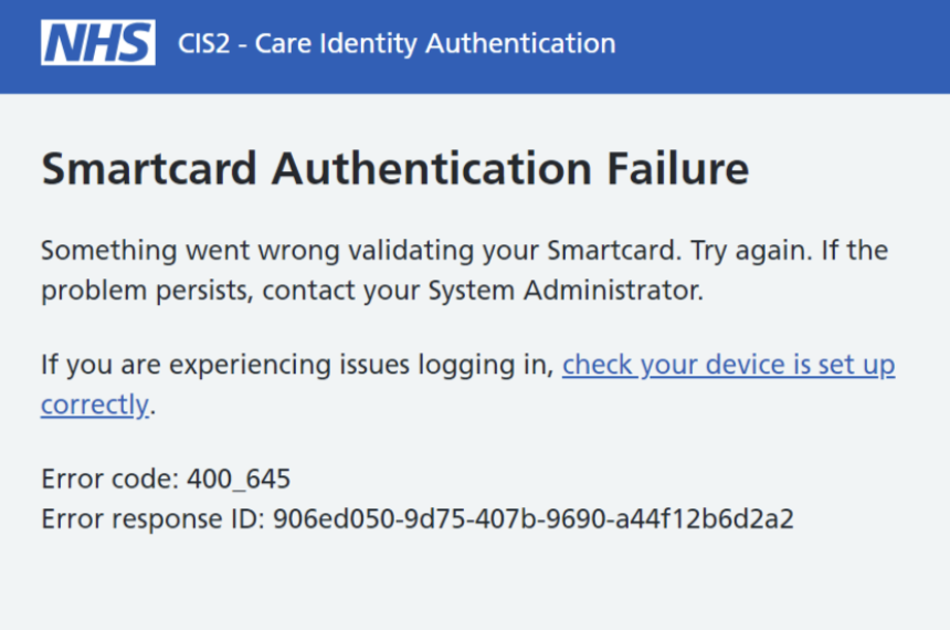 Smartcard authentication failure error message