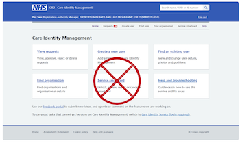 Screenshot of the Care Identity Management application with a red cross through the smartcard service feature.
