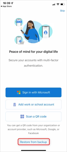 Change MS Auth device iPhone settings and restore from backup highlighted