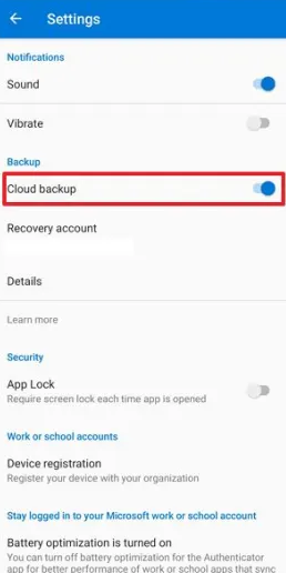 Change MS Auth device iPhone settings cloud backup highlighted
