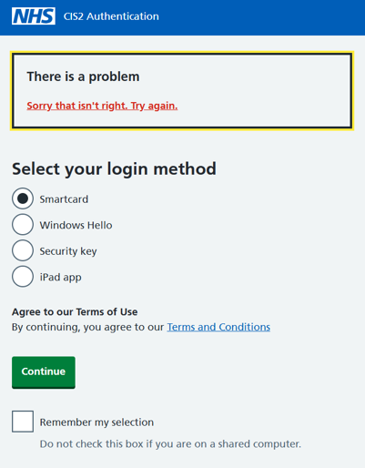 CIS2 Authentication error - there is a problem, sorry that isn't right, please try again
