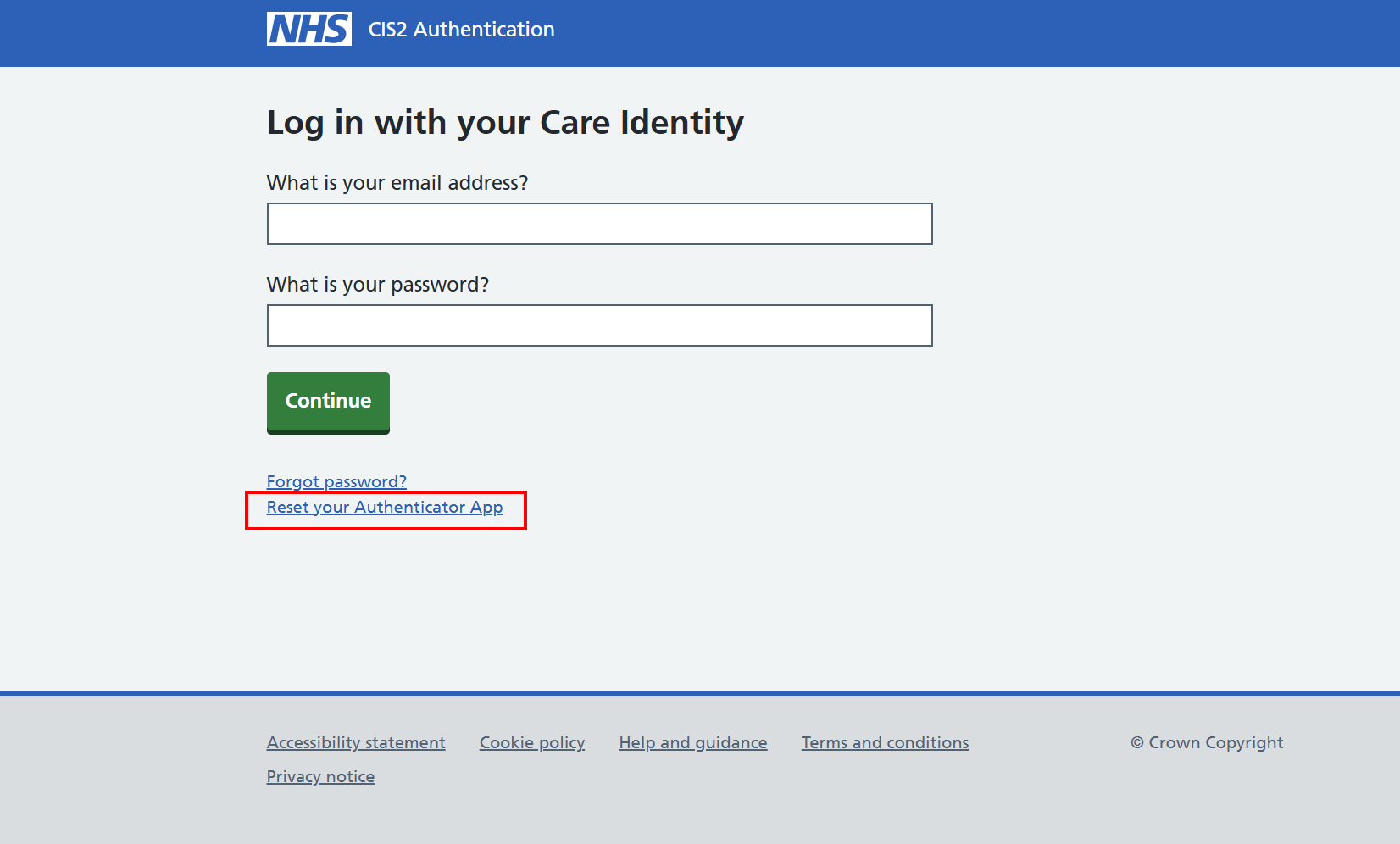 CIS2 Auth login page with new reset authenticator link