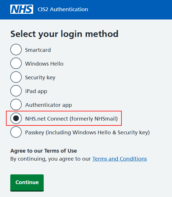CIS2 Auth NHS.net Connect login step 1 showing list of authenticator options