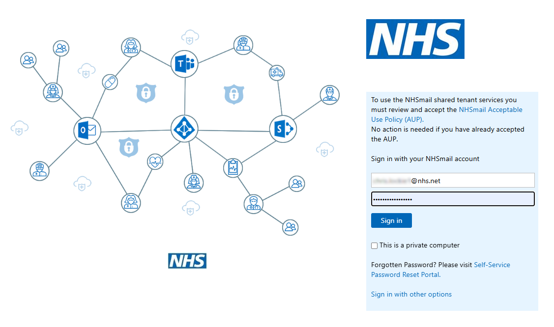 CIS2 Auth NHS.net Connect login step 2 showing standard NHS email login screen