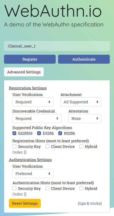 Example of the correct settings to perform a test of CIS2 passkey authentication