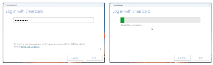 Two screenshots of the 'Log in with smartcard window. The left shows the password field populated. The right shows a progress bar with the notation 'Establishing connection'.