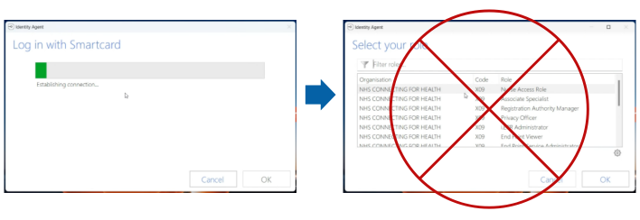 Two screenshots of the 'Log in with smartcard window. The left shows a progress bar with the notation 'Establishing connection'. The right shows a list of roles with a big red cross through the window.