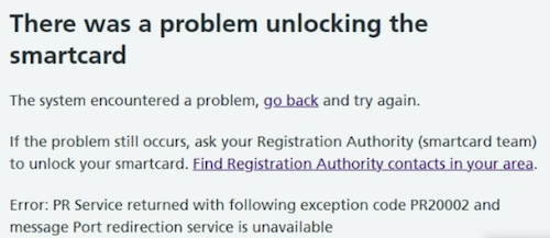 CIS example error message - there was a problem unlocking the smartcard