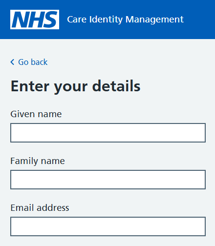 CIS self service profile enter your details screen showing entry for name and email address only