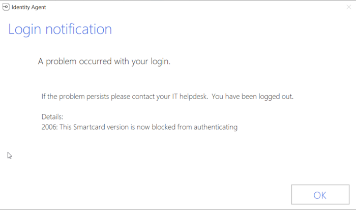 Image showing error for permanent block of older smartcards