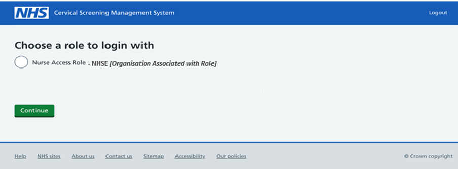 CSMS choose a role login screen