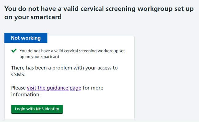 CSMS error screen - no workgroup